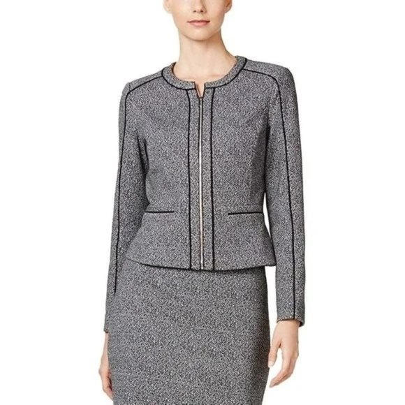 Calvin Klein Jackets & Blazers - Calvin Klein Womens Piped Tweed Blazer Jacket Full Zip Color Block Gray Size 12